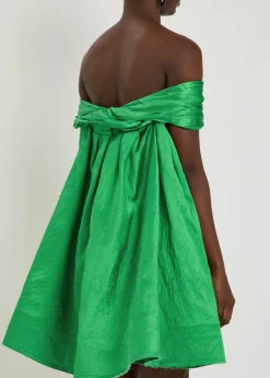 Embellished off-the-shoulder crinkled satin mini dress