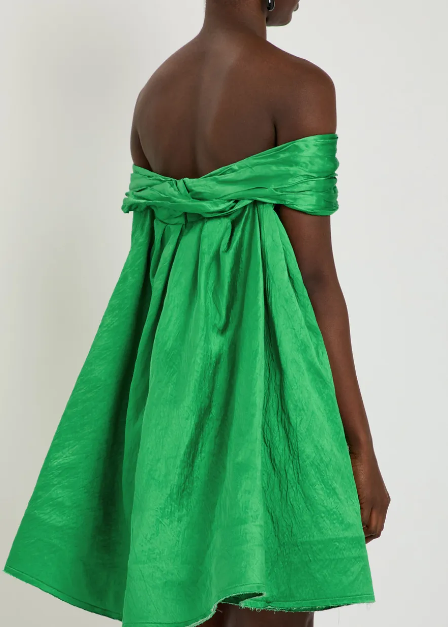 Embellished off-the-shoulder crinkled satin mini dress