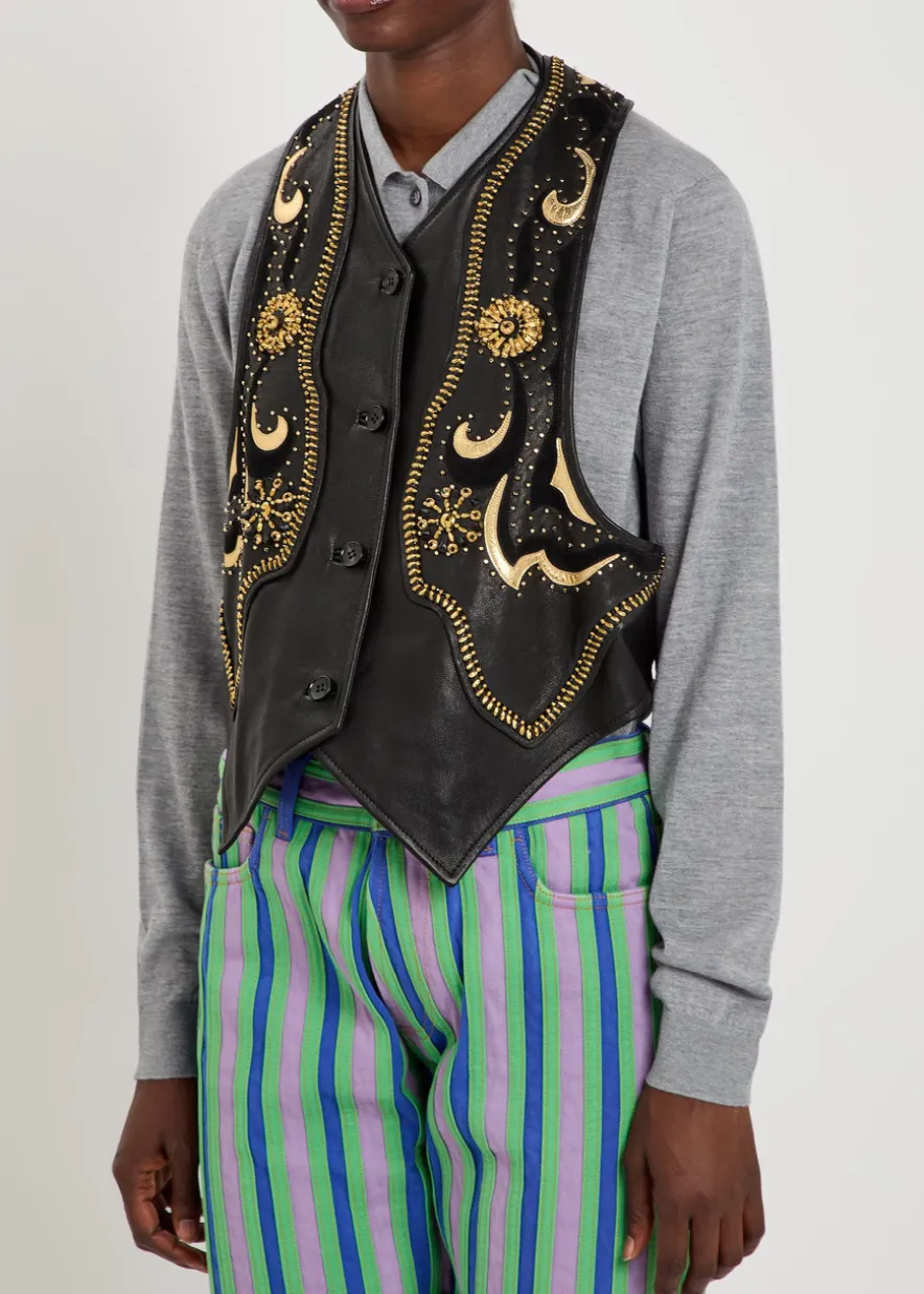 Embellished panelled leather vest