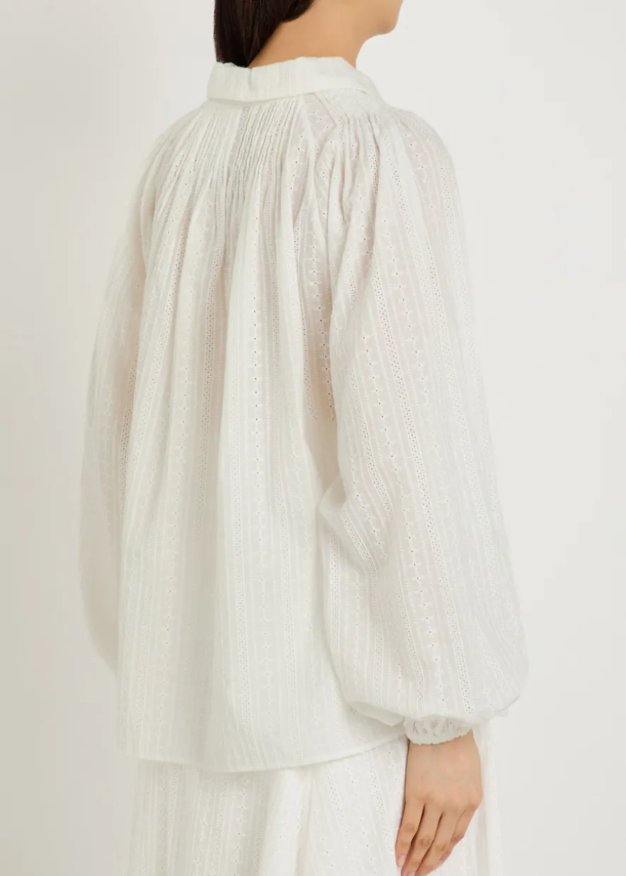 Embroidered gathered cotton shirt