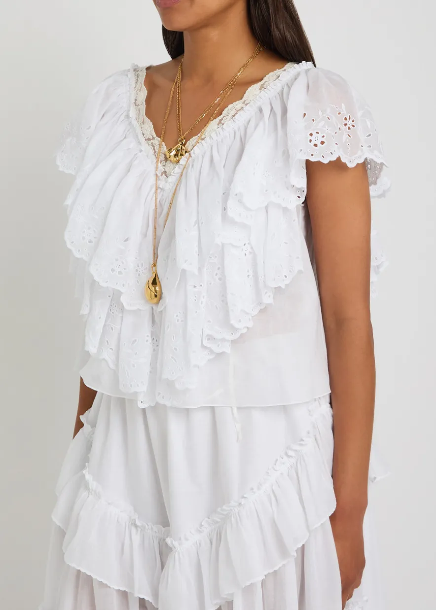 Embroidered ruffled cropped cotton top