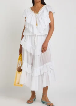 Embroidered ruffled cropped cotton top