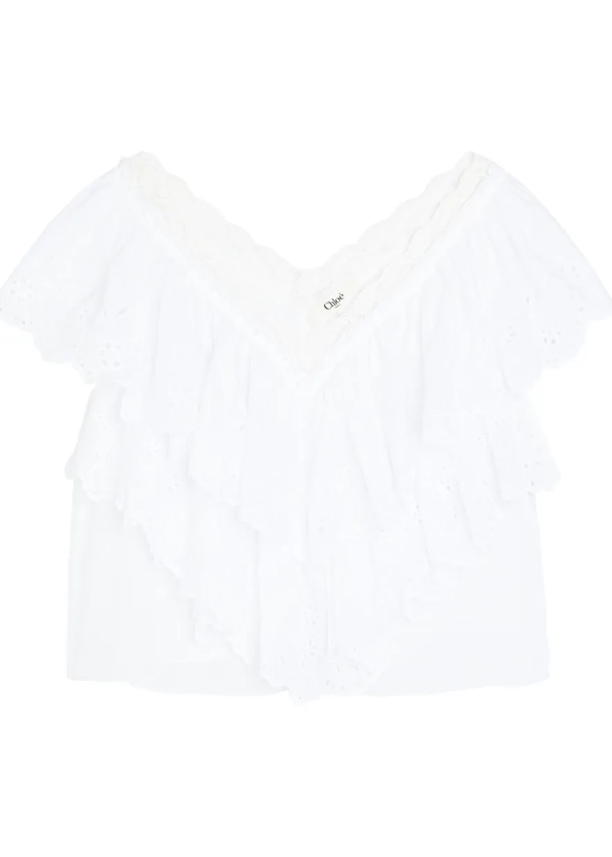 Embroidered ruffled cropped cotton top