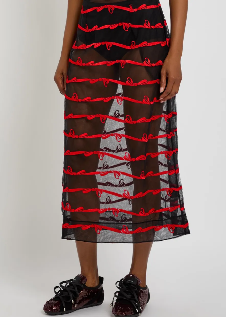 Embroidered sheer tulle midi skirt
