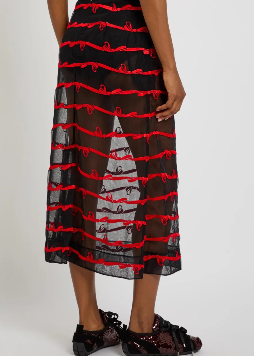 Embroidered sheer tulle midi skirt