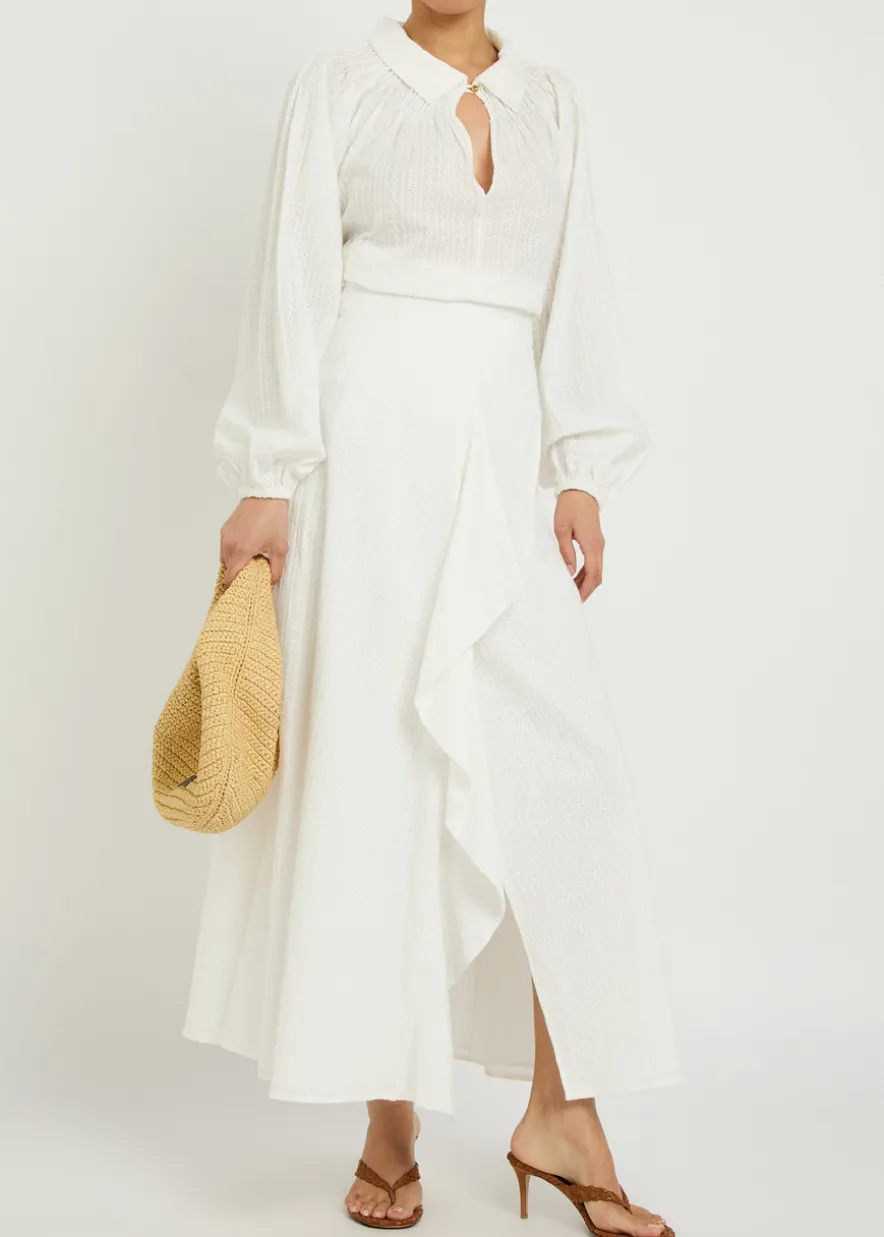Embroidered split cotton midi skirt
