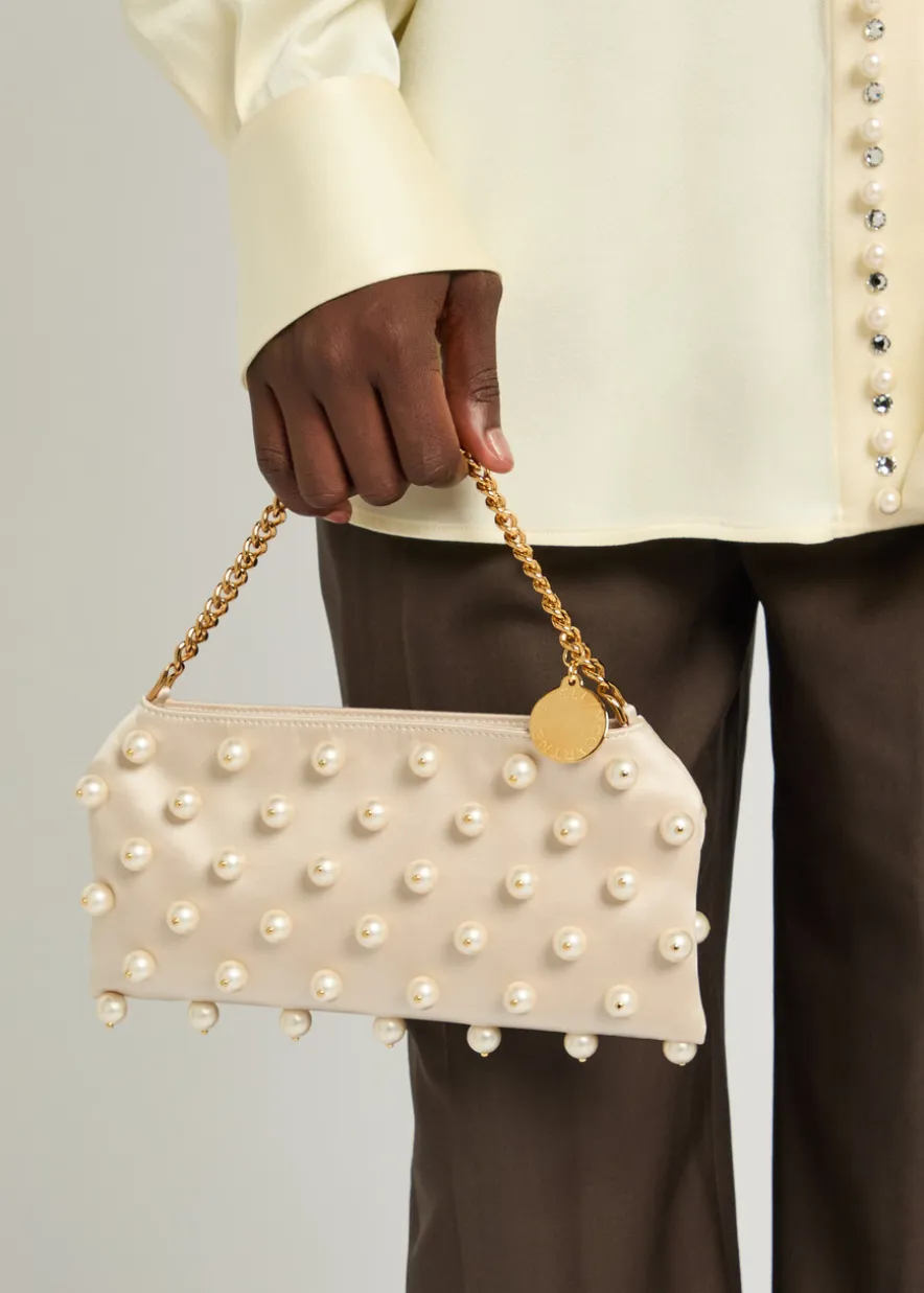 Falabella mini faux pearl-embellished satin shoulder bag