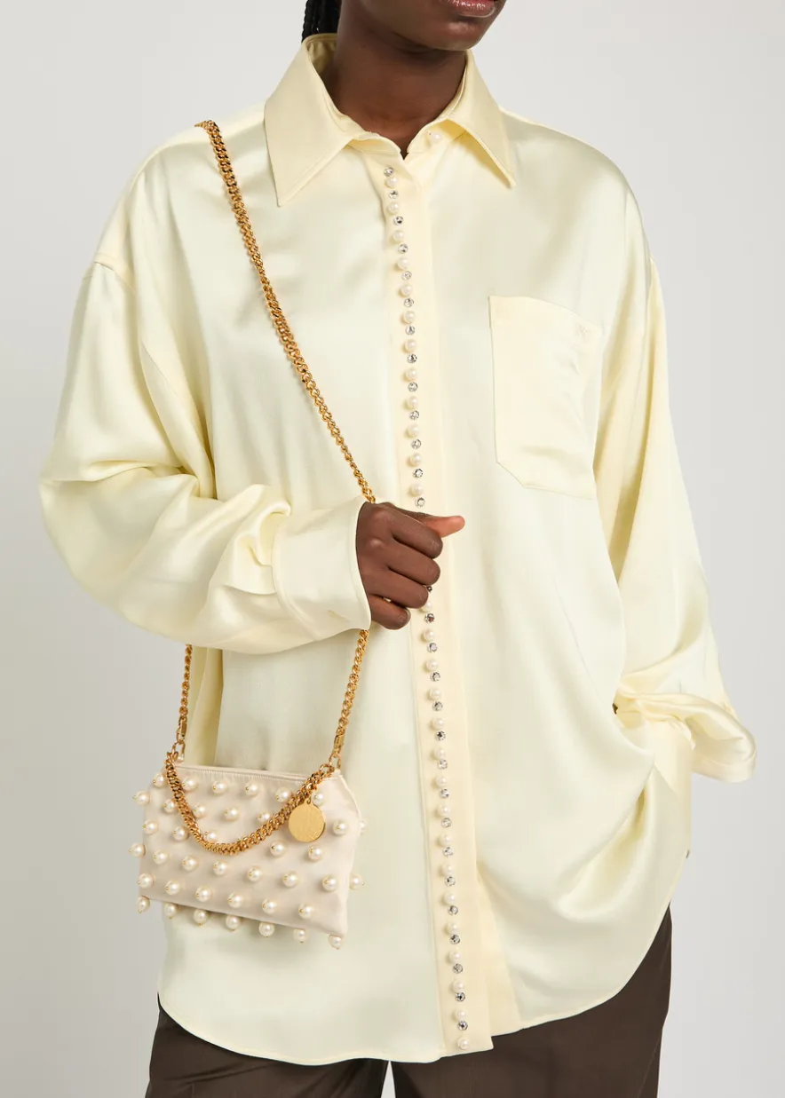 Falabella mini faux pearl-embellished satin shoulder bag