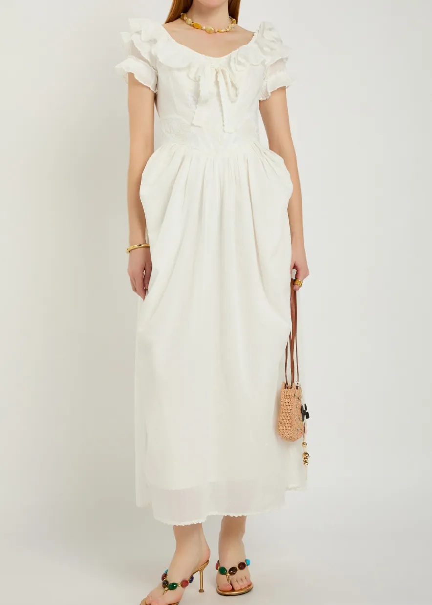 Falbala embroidered cotton midi dress