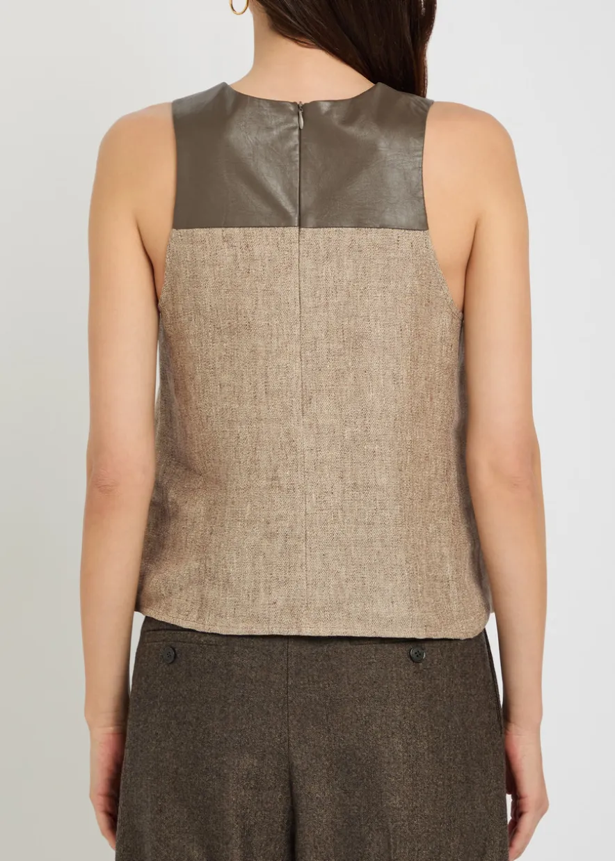 Faux leather panel linen top
