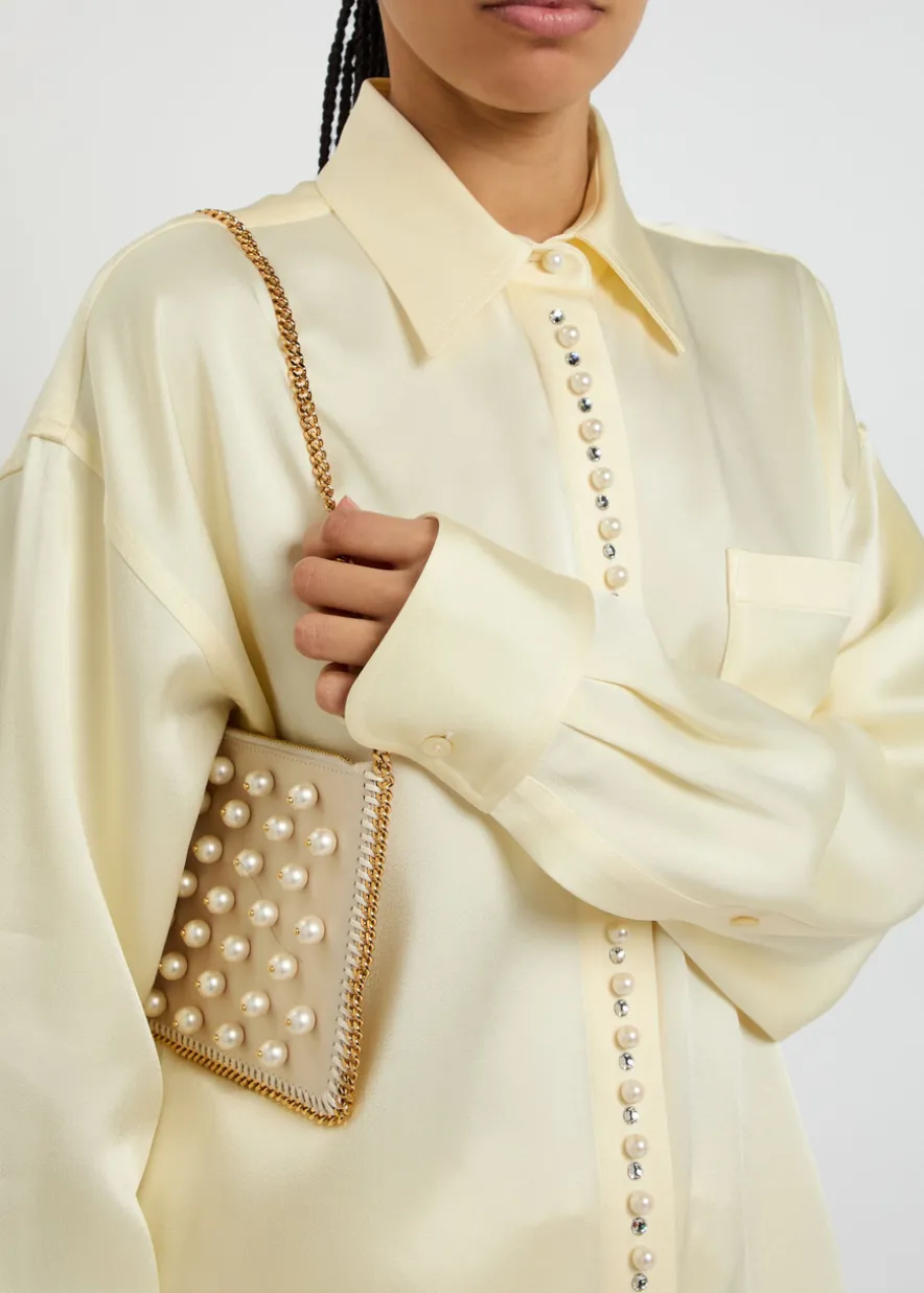 Faux pearl-embellished satin shirt