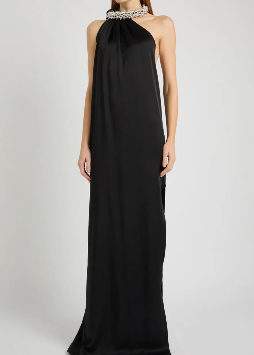 Faux pearl-embellished satin gown