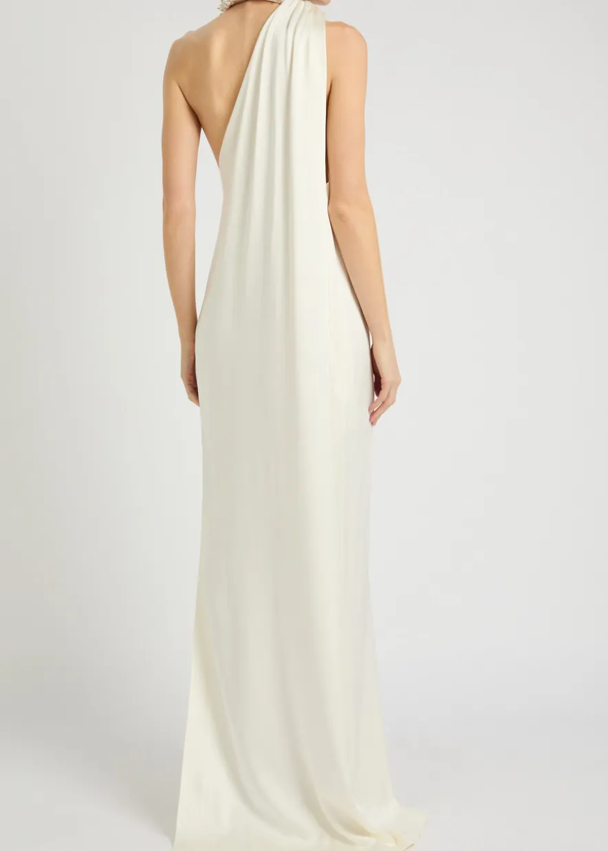 Faux pearl-embellished satin gown