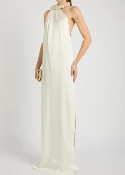 Faux pearl-embellished satin gown
