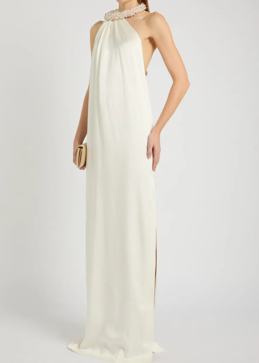 Faux pearl-embellished satin gown