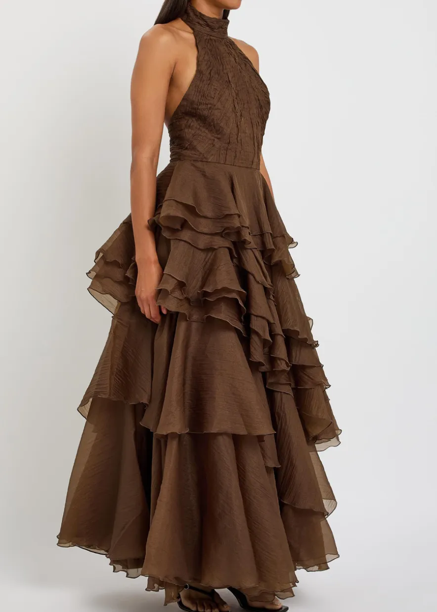 Fayette halterneck ruffled chiffon gown