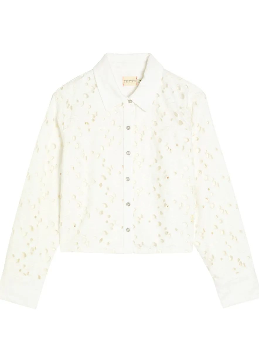 Finely cutwork embroidered denim shirt