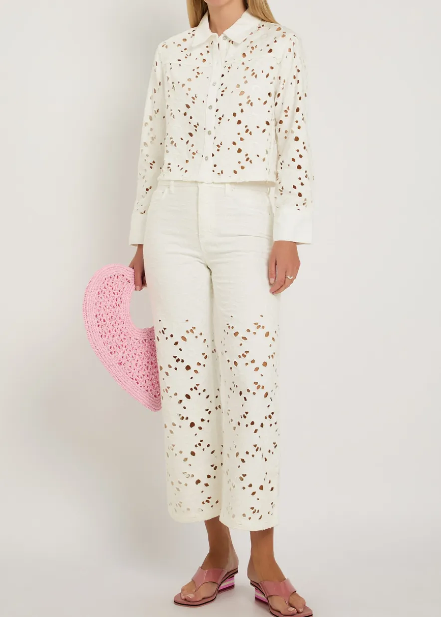 Finely cutwork embroidered denim shirt