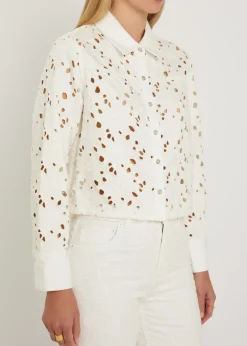 Finely cutwork embroidered denim shirt