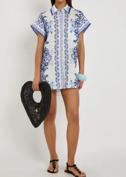 Finely printed linen mini shirt dress