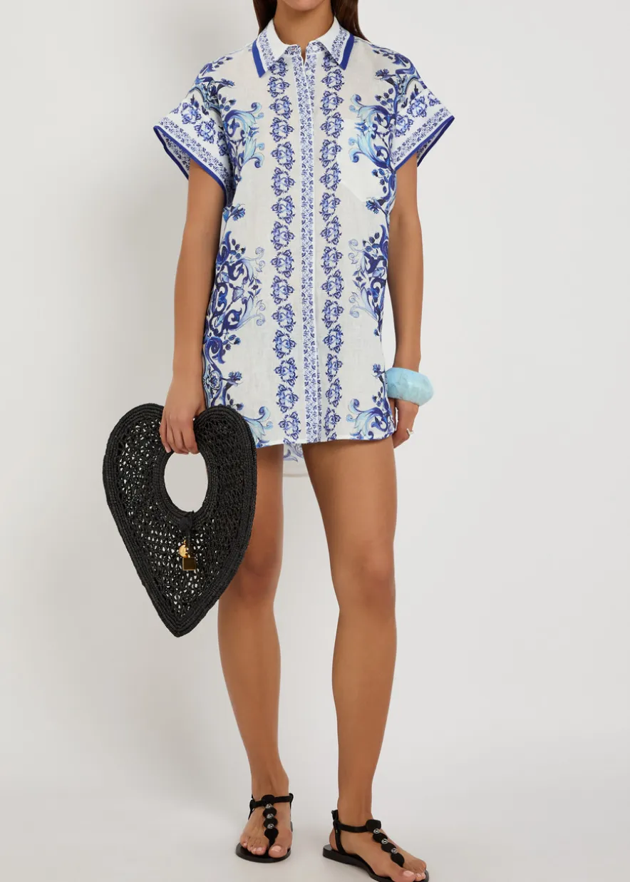 Finely printed linen mini shirt dress