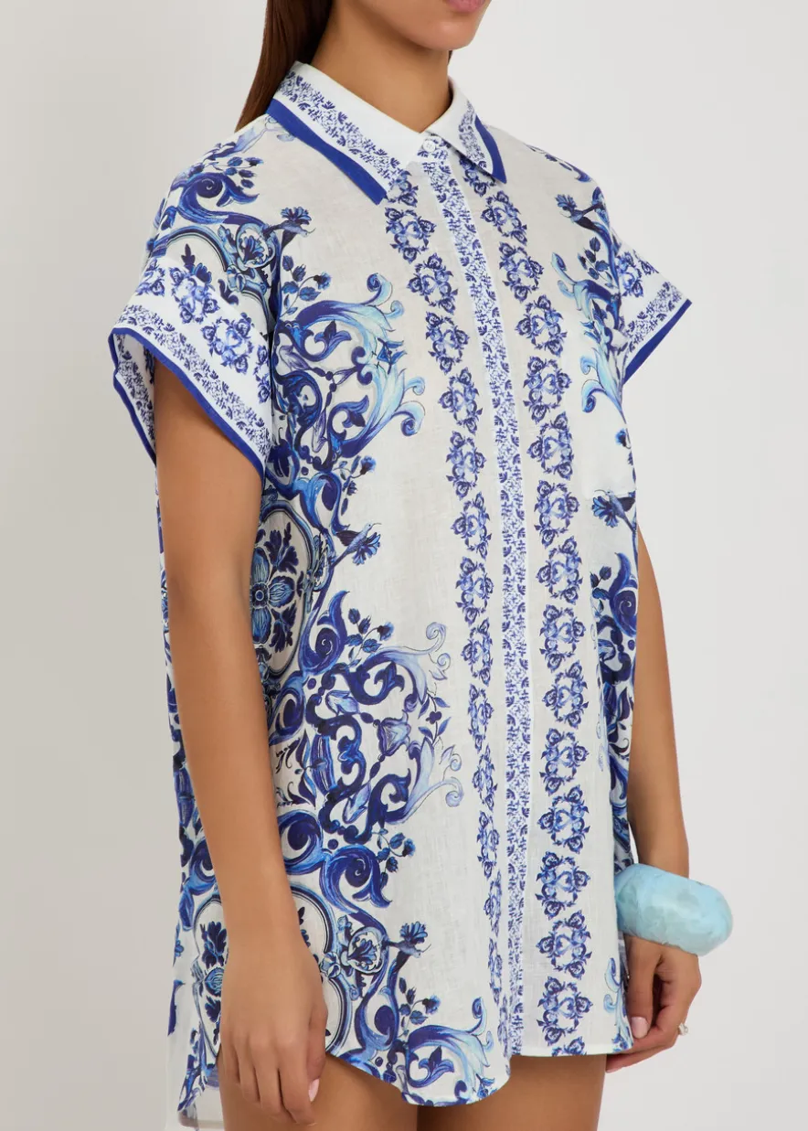 Finely printed linen mini shirt dress