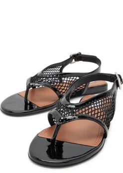 Fishnet patent leather thong sandals
