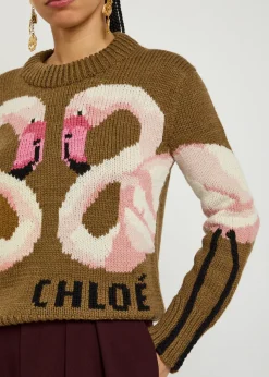 Flamingo and logo-intarsia wool jumper