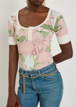 Flamingo-print stretch-cotton top