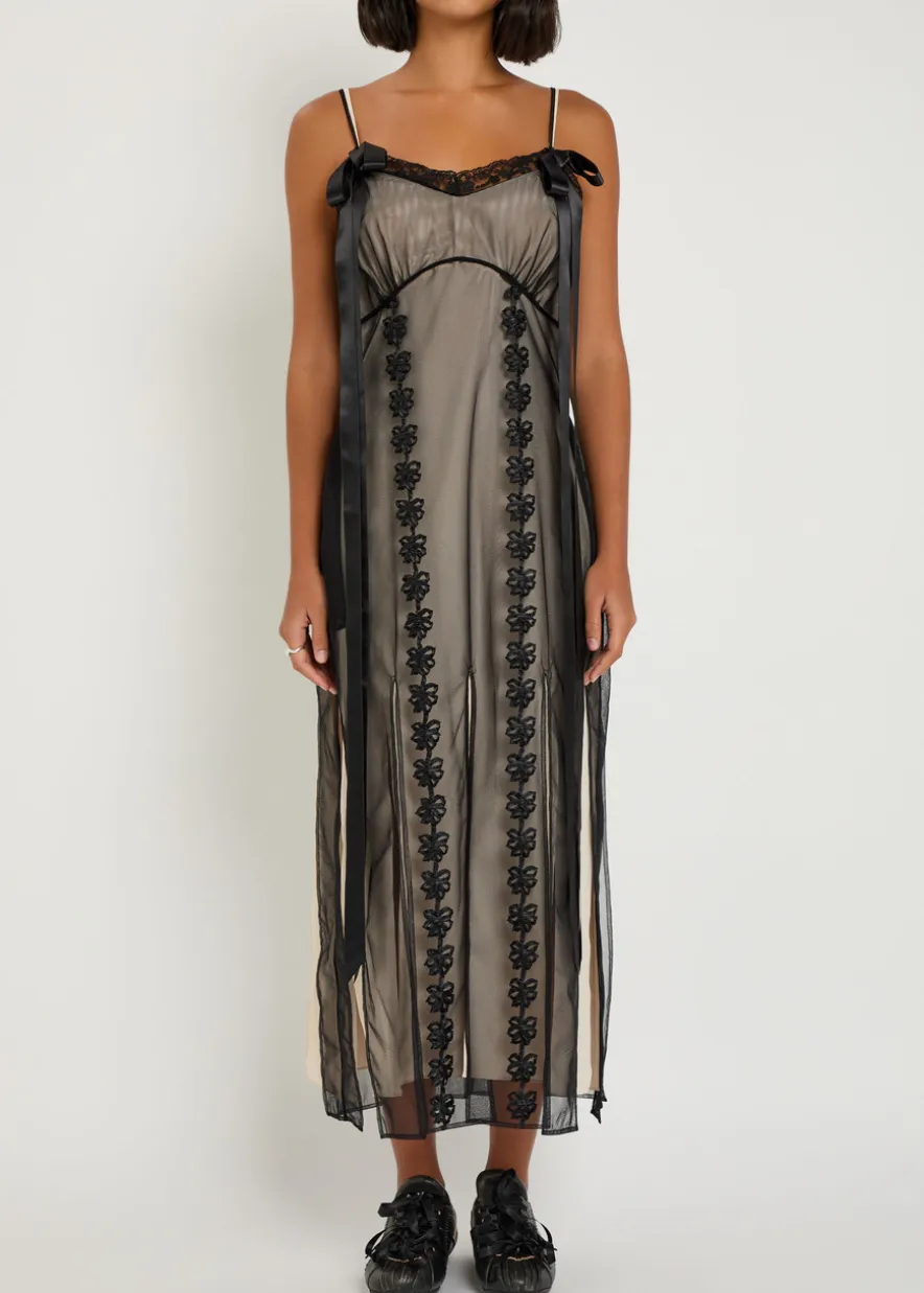 Floral-appliquéd tulle maxi dress
