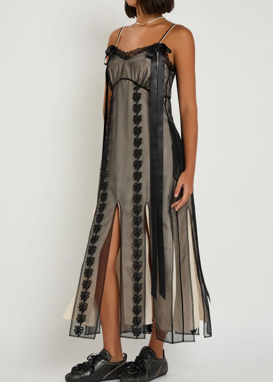 Floral-appliquéd tulle maxi dress