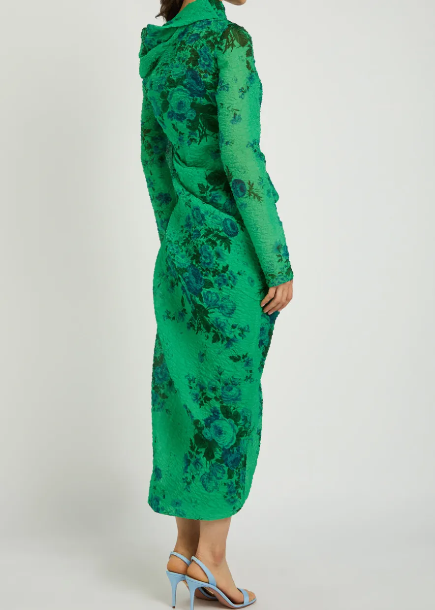 Floral draped cloqué midi dress