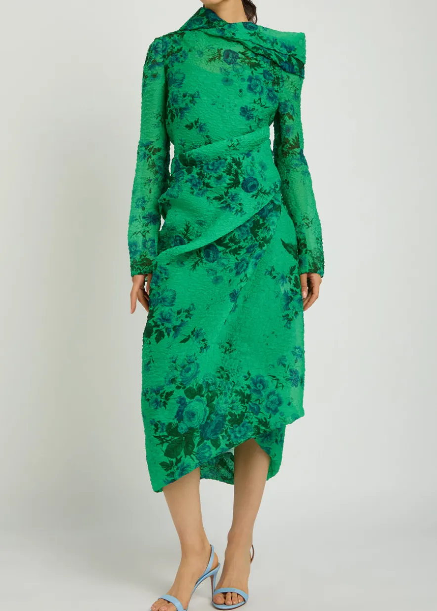 Floral draped cloqué midi dress