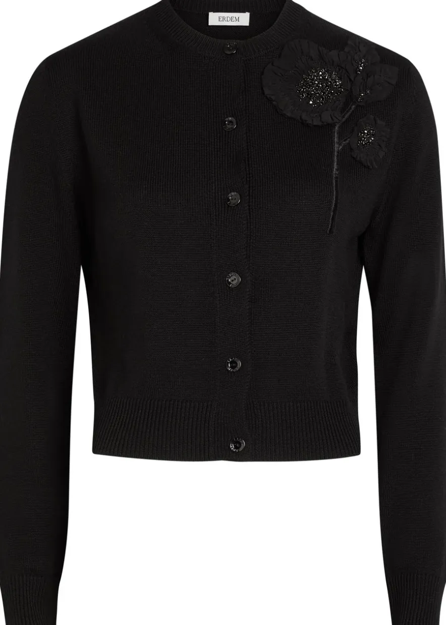 Floral-embellished merino wool cardigan