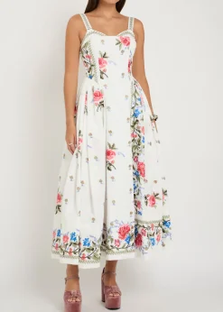 Floral-embroidered boned cotton midi dress