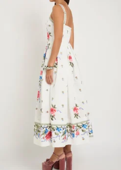 Floral-embroidered boned cotton midi dress