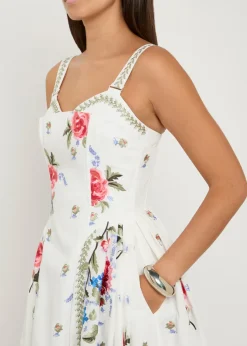 Floral-embroidered boned cotton midi dress