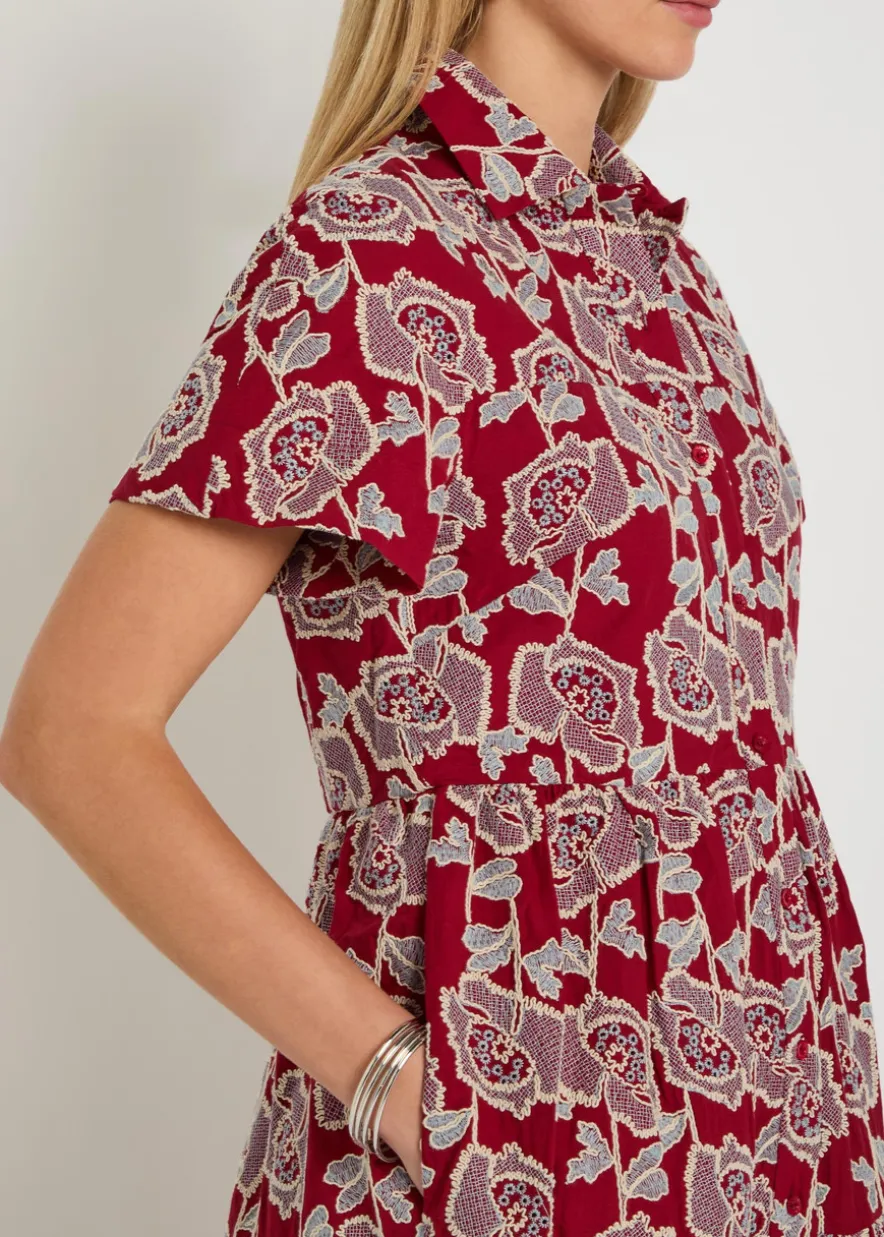 Floral-embroidered cotton-blend midi shirt dress