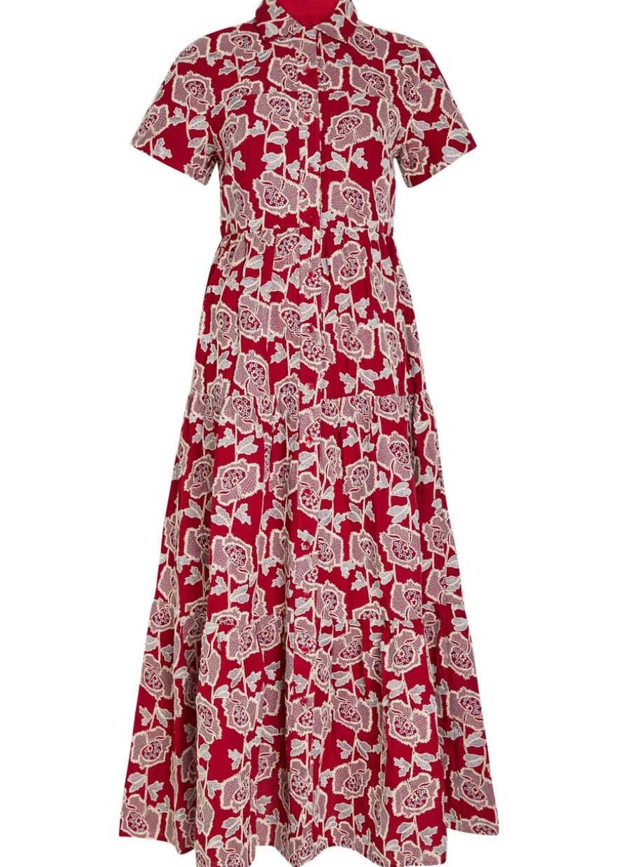 Floral-embroidered cotton-blend midi shirt dress