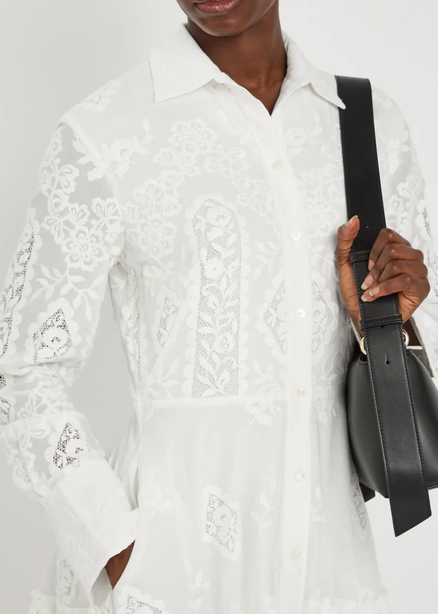 Floral-embroidered cotton maxi shirt dress