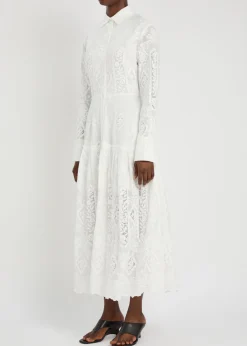 Floral-embroidered cotton maxi shirt dress