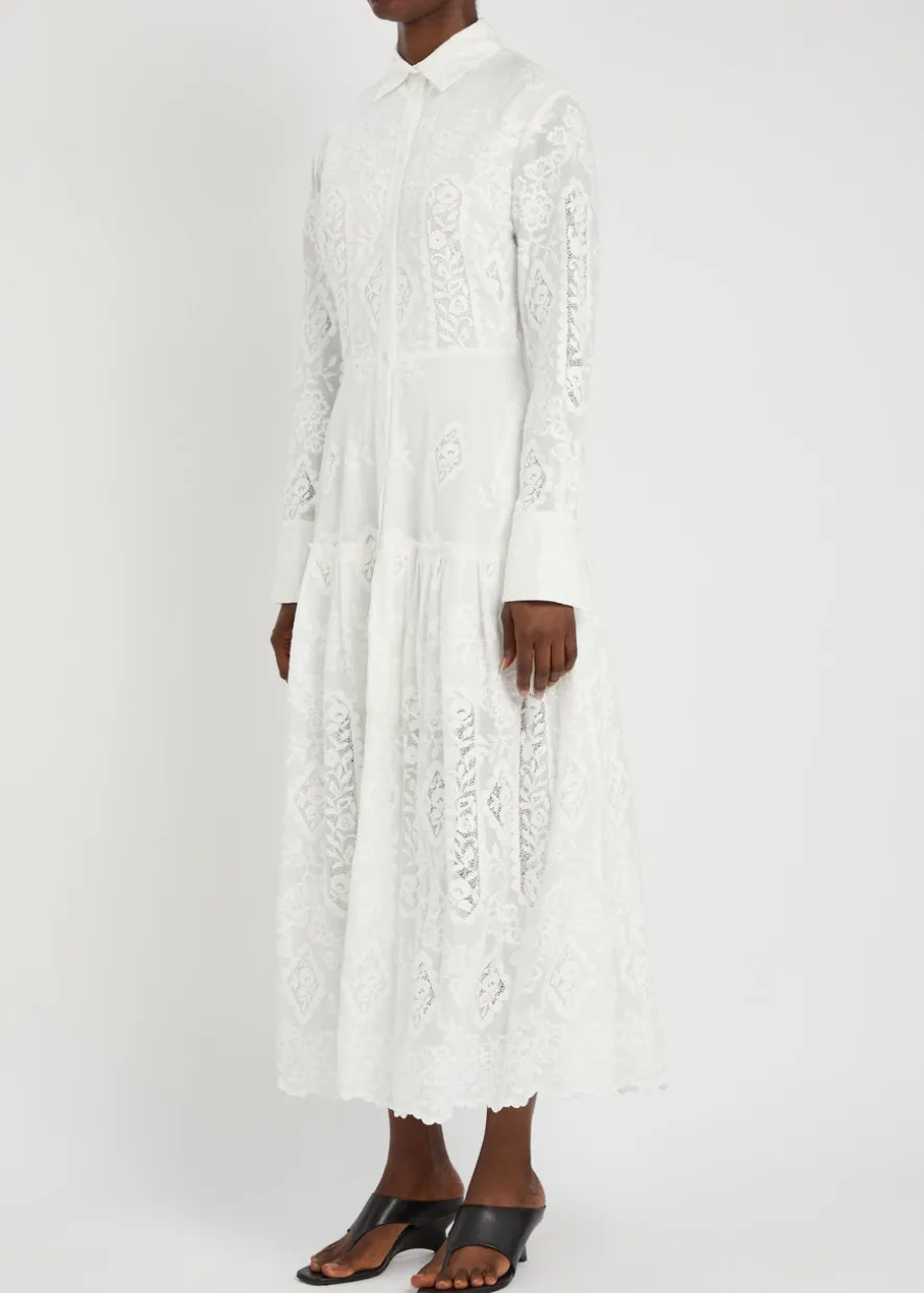 Floral-embroidered cotton maxi shirt dress