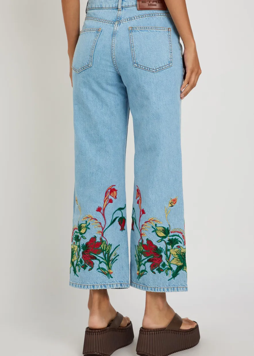 Floral-embroidered cropped straight-leg jeans