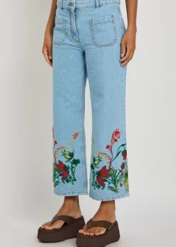 Floral-embroidered cropped straight-leg jeans