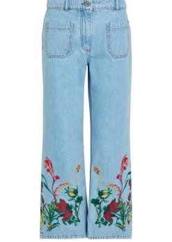 Floral-embroidered cropped straight-leg jeans