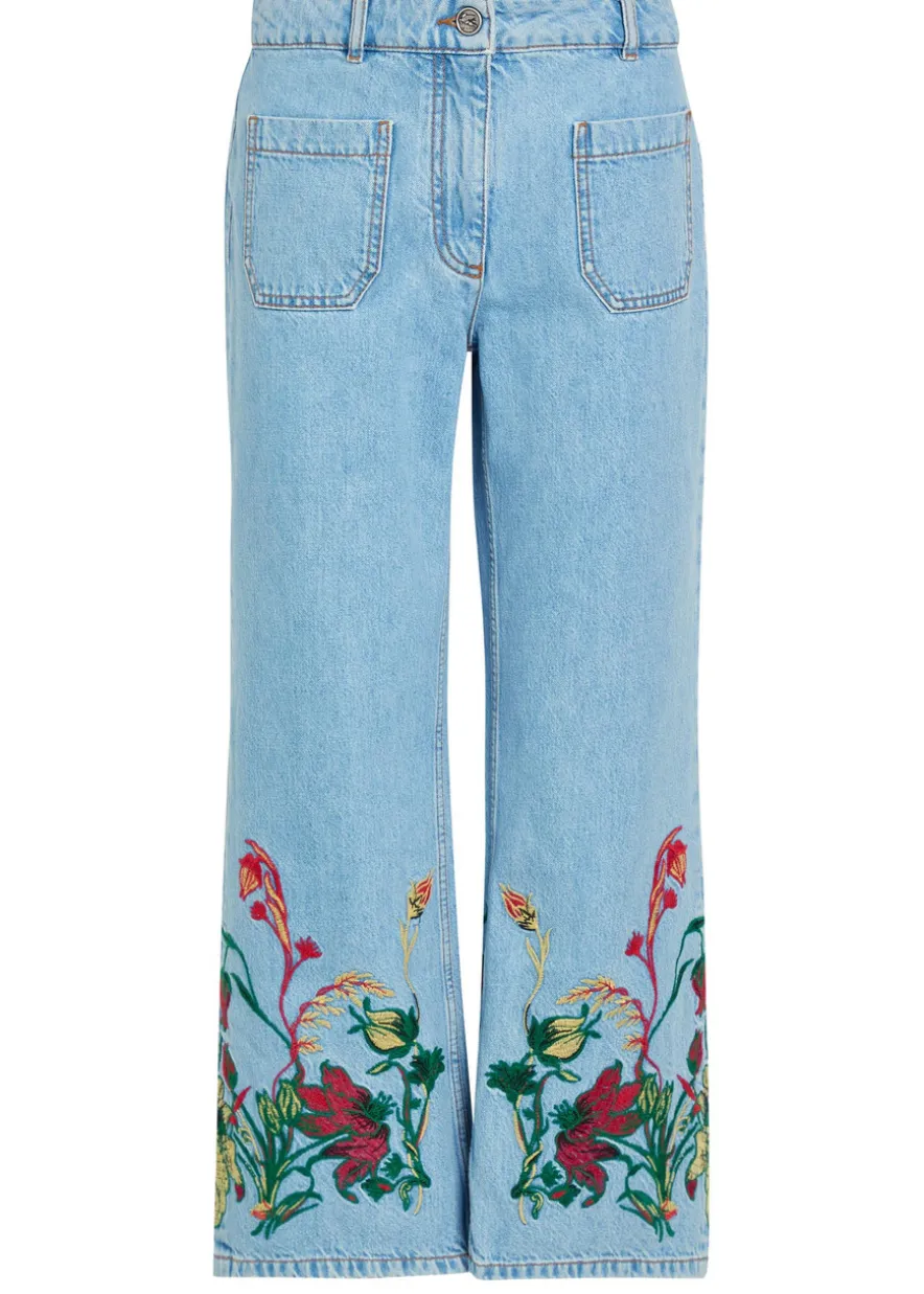 Floral-embroidered cropped straight-leg jeans