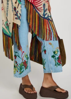 Floral-embroidered cropped straight-leg jeans