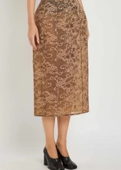 Floral-embroidered lace midi skirt
