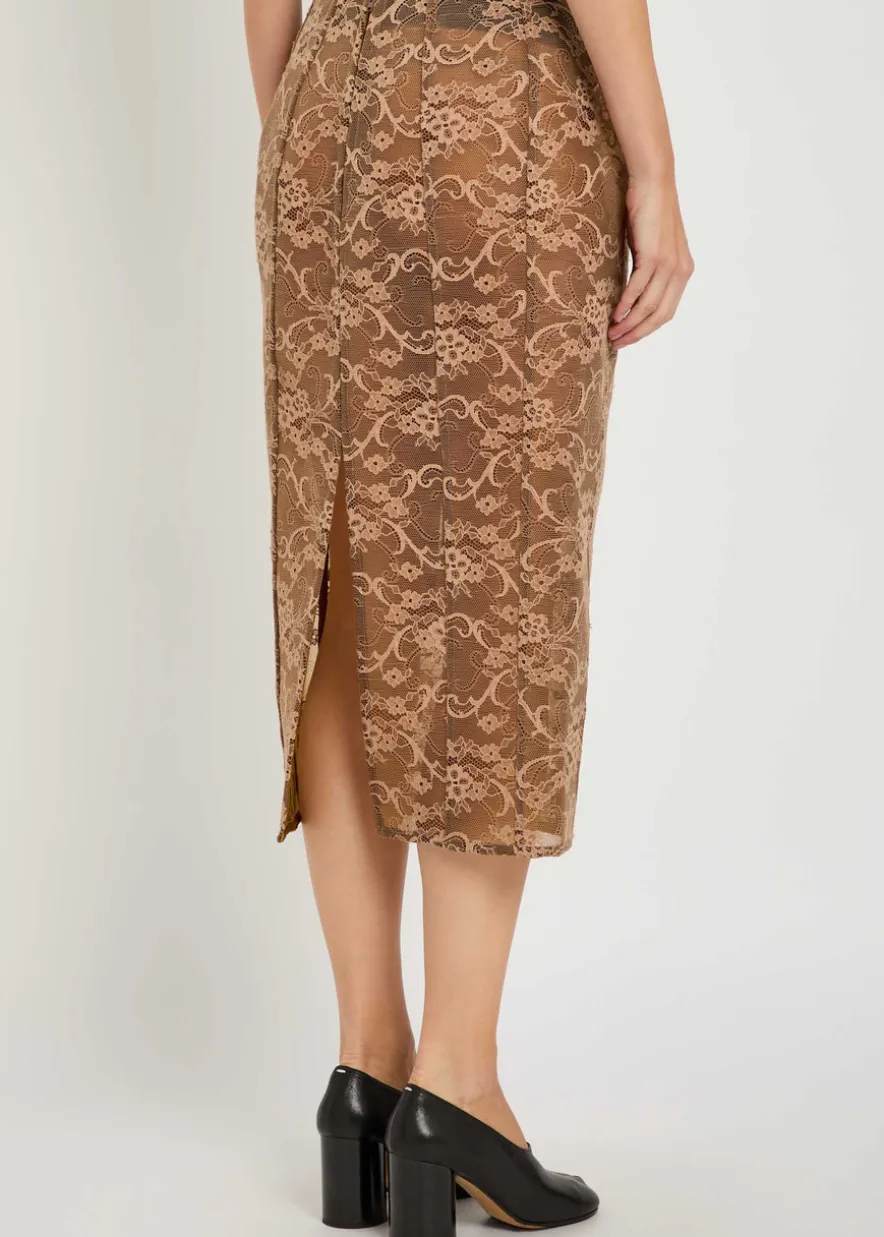 Floral-embroidered lace midi skirt
