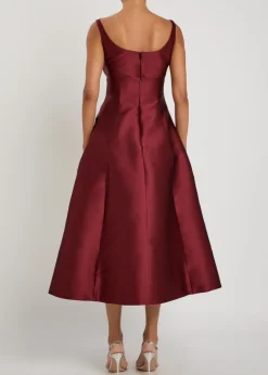 Floral-embroidered Mikado satin midi dress